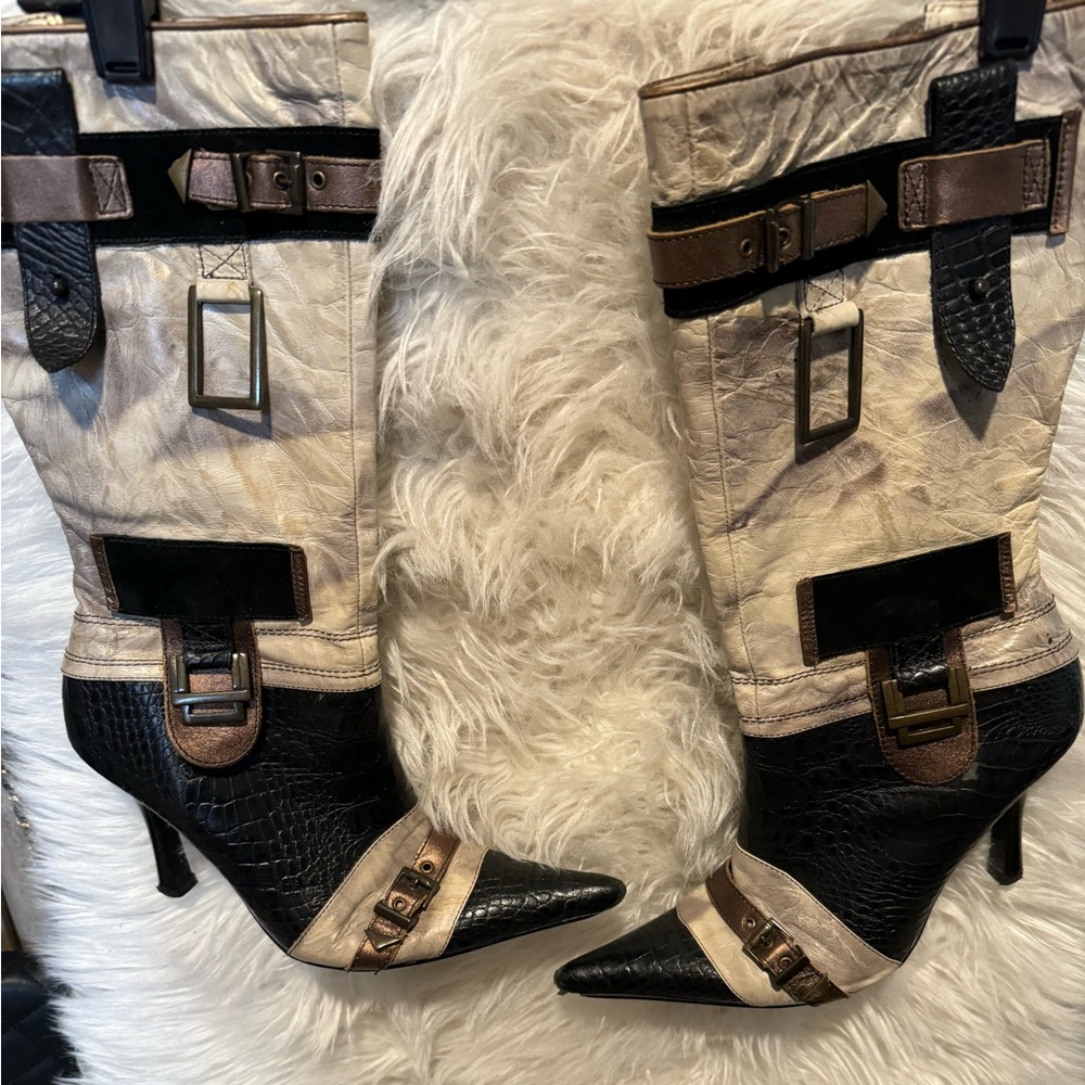Vintage cream & black mid calf leather boots.